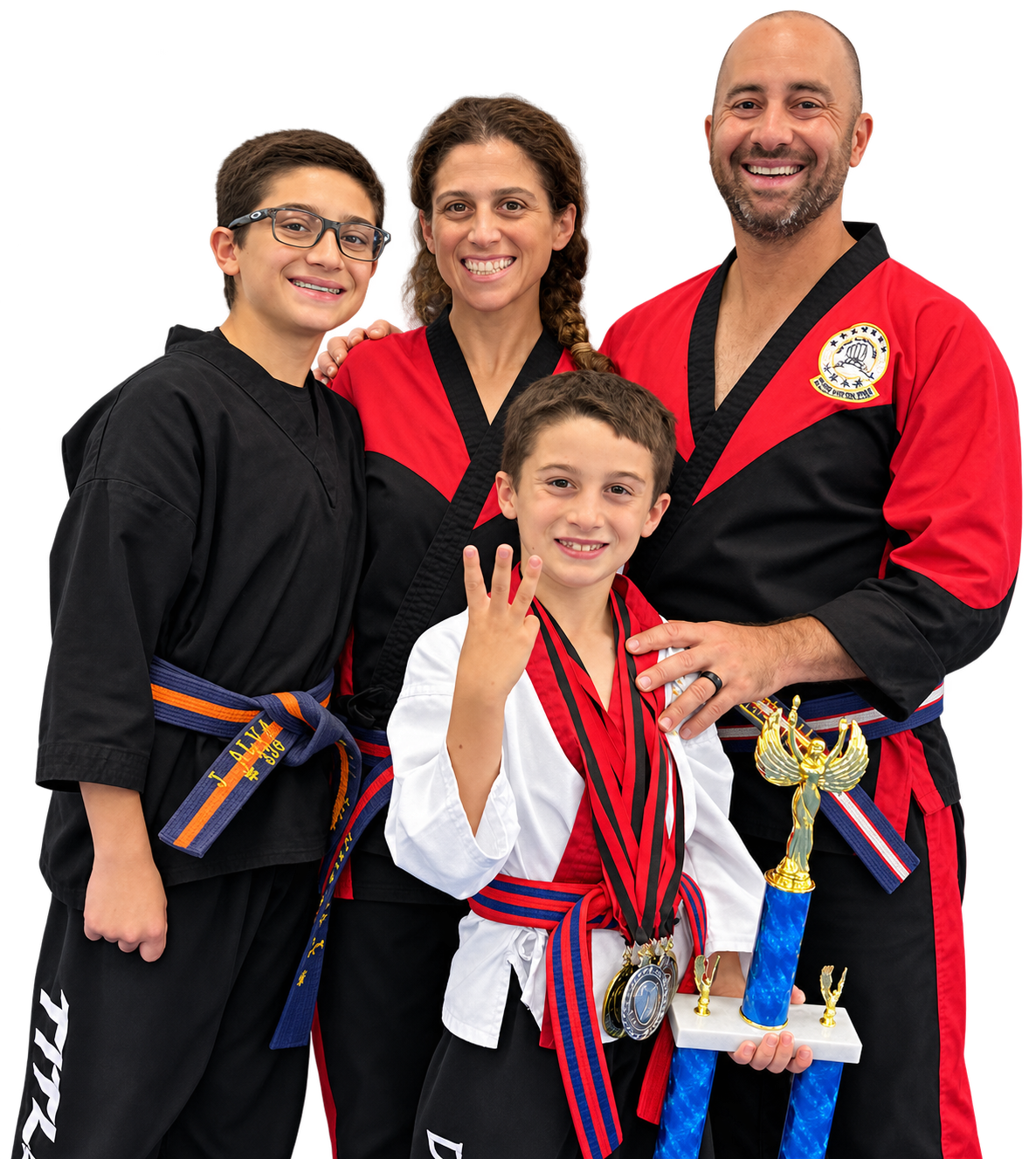 Smiling Martial Arts Family with Trophy
